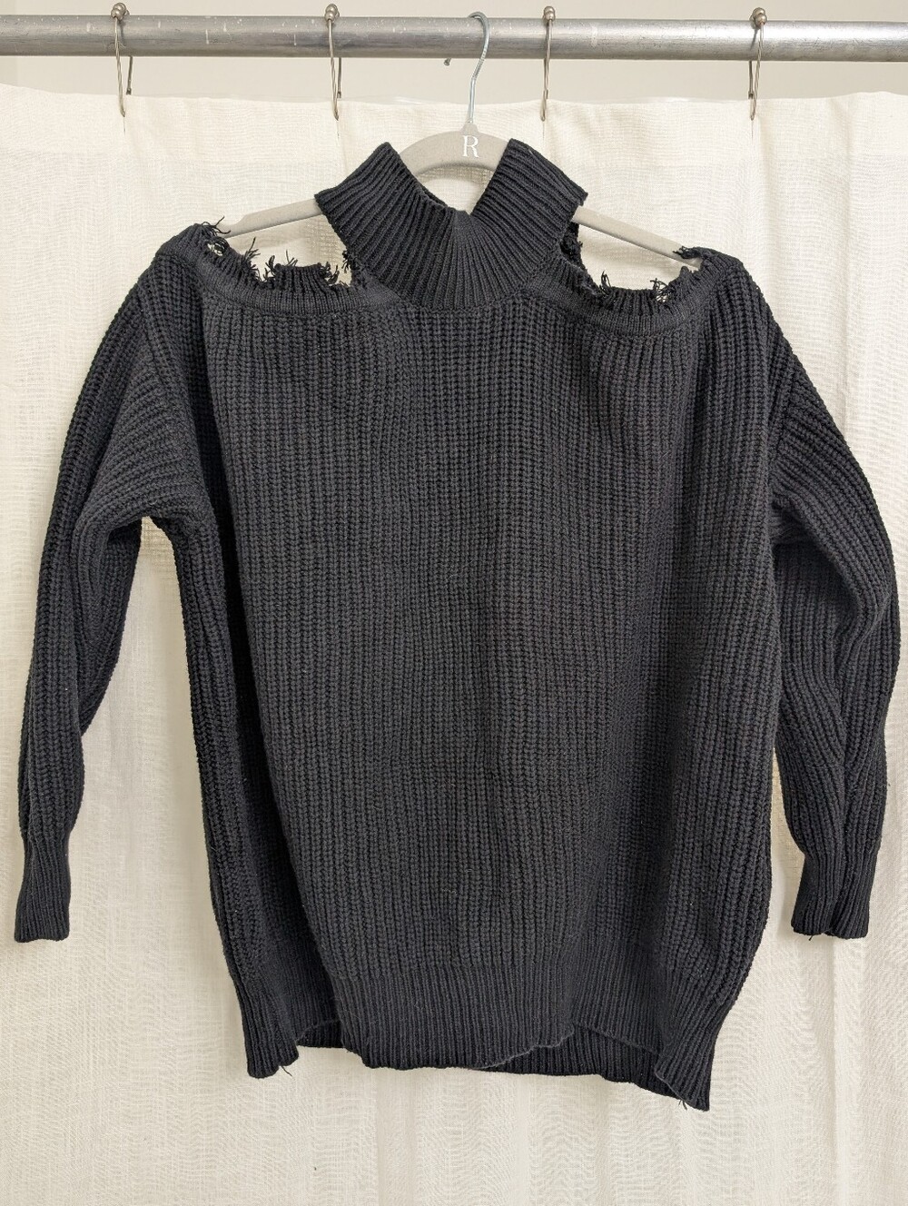 BiBi Black Distressed Cold Shoulder Sweater XL Chunky Knit